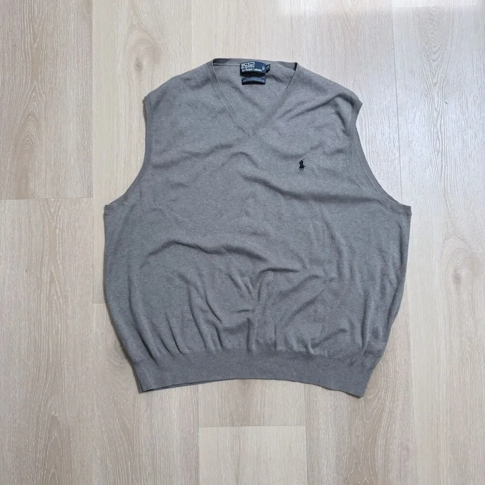 Polo Ralph Lauren 3XB Big Men Gray Pima Cotton V-Neck Sweater Vest Preppy Golf
